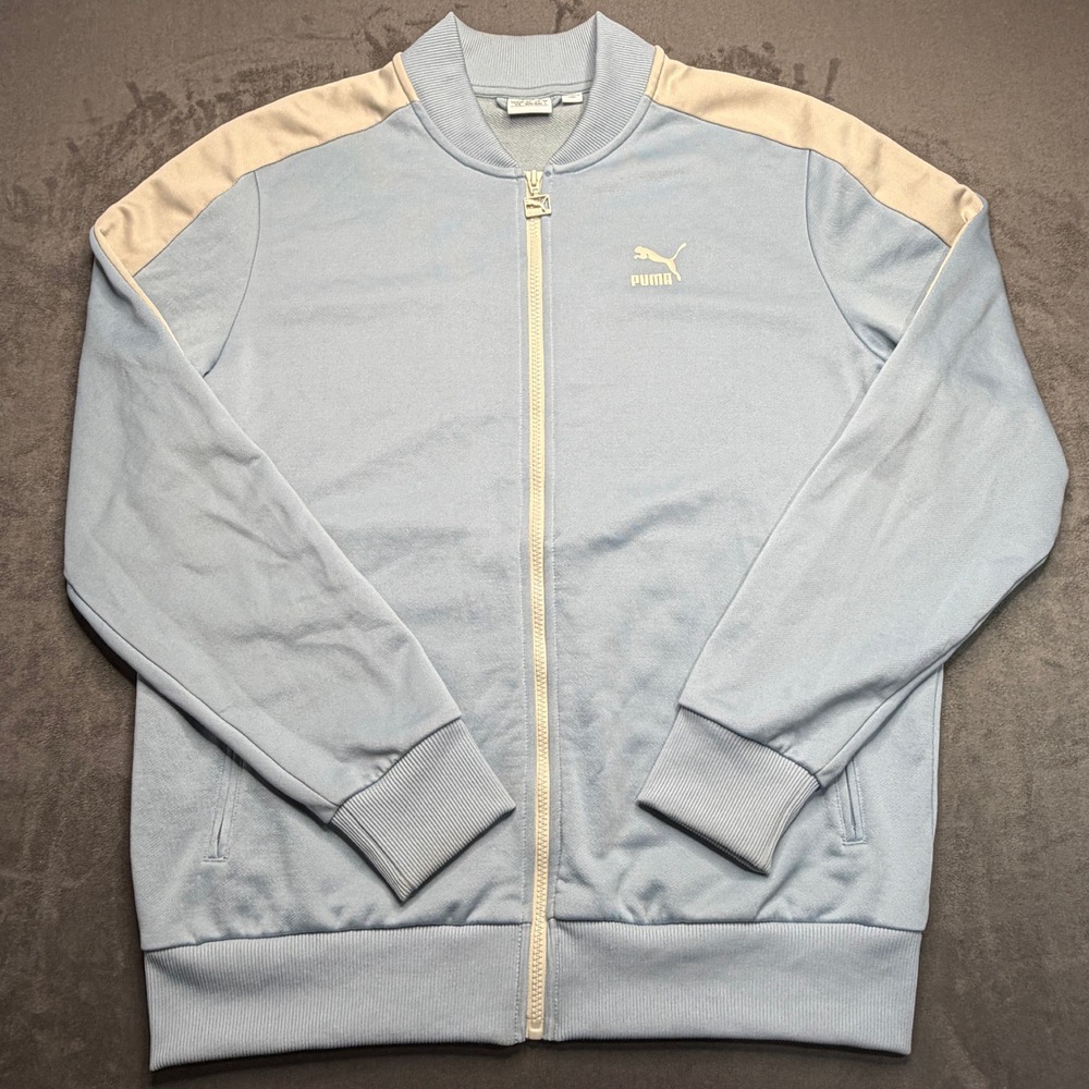 Puma Track Jacket Mens Large Light Blue Colorblock Zip Up Sporty Bomber Logo